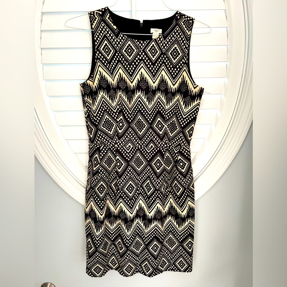 J.Crew Sheath Dress Aztec‎ Ikat Tribal Print Pockets Black /Beige Size 4